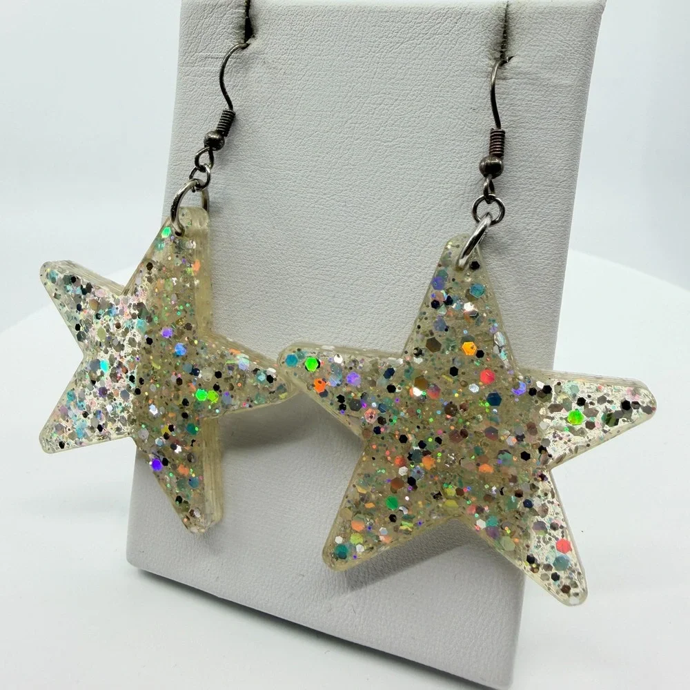 Vintage Y2K Chunky Resin Star Glitter Earrings Silver Tone Dangle Celestial Hook